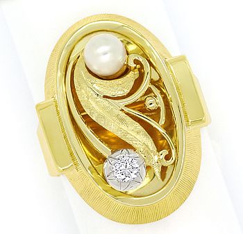 Foto 1 - Handarbeits-Gold-Ring 40er Jahre mit Brillant und Perle, S9500